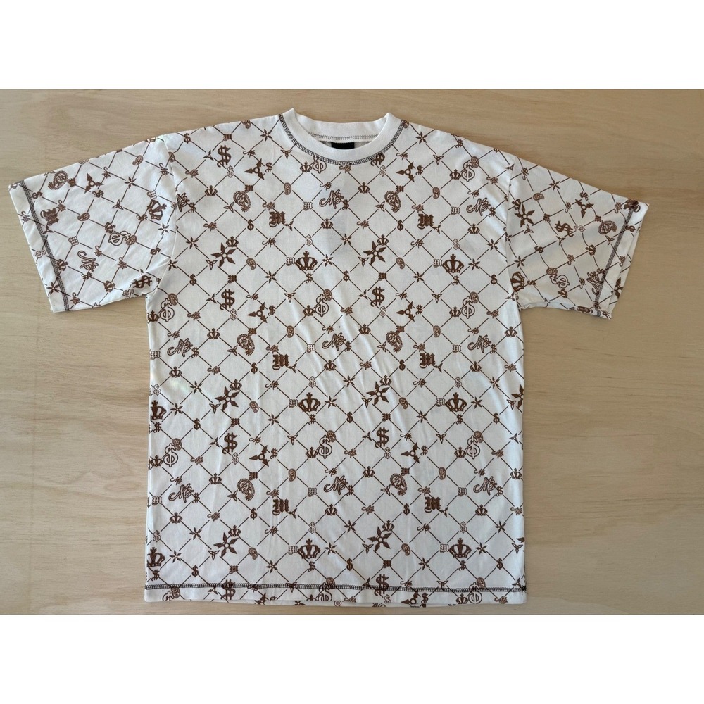 Makaveli Branded T-Shirt Mens White Brown All Over Print 2Pac Streetwear NWT- XL